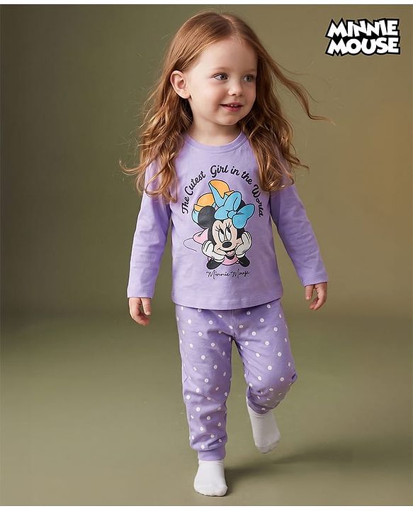 Babyhug Disney Single Jersey Knit Full Sleeves T-Shirt & Pyjama Night Suit Set With Minnie Mouse Graphic Text & Polka Dot Print - Lavender