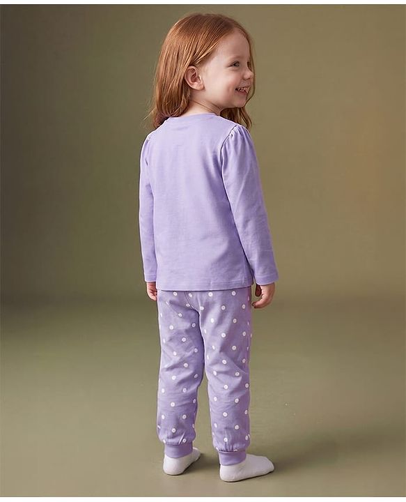 Babyhug Disney Single Jersey Knit Full Sleeves T-Shirt & Pyjama Night Suit Set With Minnie Mouse Graphic Text & Polka Dot Print - Lavender