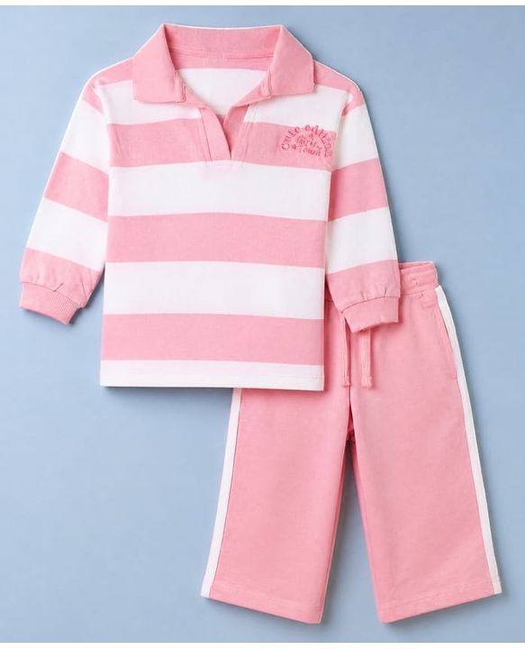 Babyhug 100% Cotton Terry Knit Full Sleeves Striped Top and Pant Set - Pink