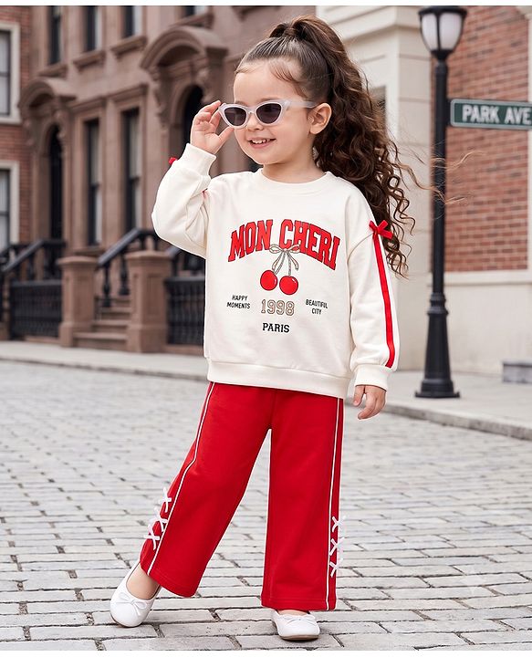 Babyhug 100% Cotton Knit Full Sleeves Mon Cheri Printed Top & Pant With Bow Applique - White & Red