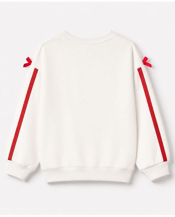 Babyhug 100% Cotton Knit Full Sleeves Mon Cheri Printed Top & Pant With Bow Applique - White & Red