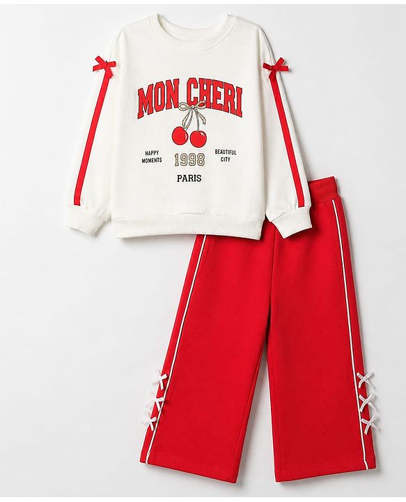 Babyhug 100% Cotton Knit Full Sleeves Mon Cheri Printed Top & Pant With Bow Applique - White & Red