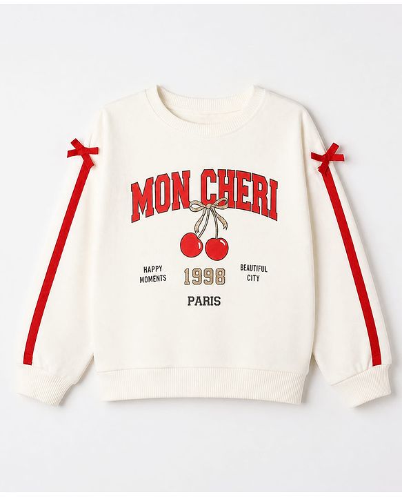 Babyhug 100% Cotton Knit Full Sleeves Mon Cheri Printed Top & Pant With Bow Applique - White & Red