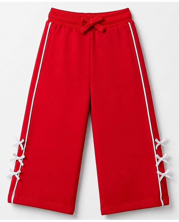 Babyhug 100% Cotton Knit Full Sleeves Mon Cheri Printed Top & Pant With Bow Applique - White & Red