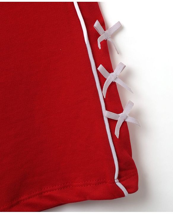 Babyhug 100% Cotton Knit Full Sleeves Mon Cheri Printed Top & Pant With Bow Applique - White & Red
