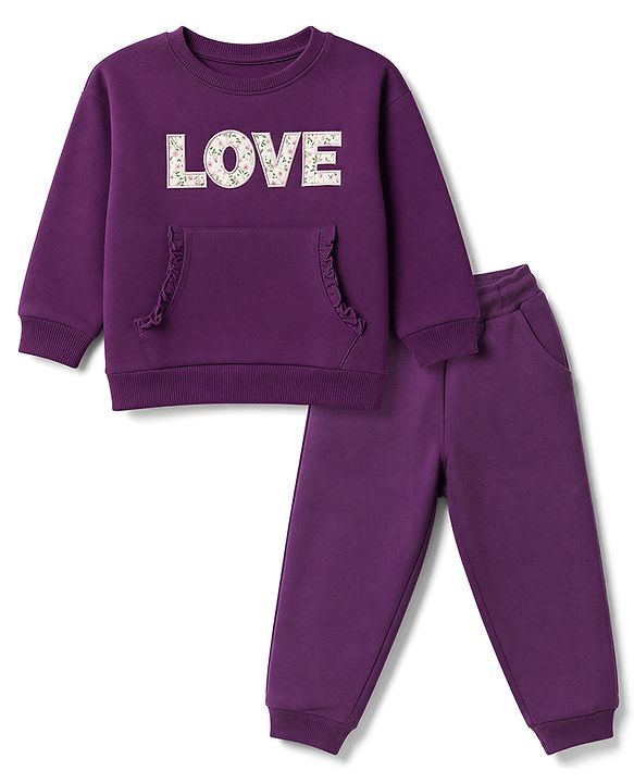 Babyhug 100% Cotton Terry Knit Full Sleeves Top & Joggers Set With Text Print - Purple