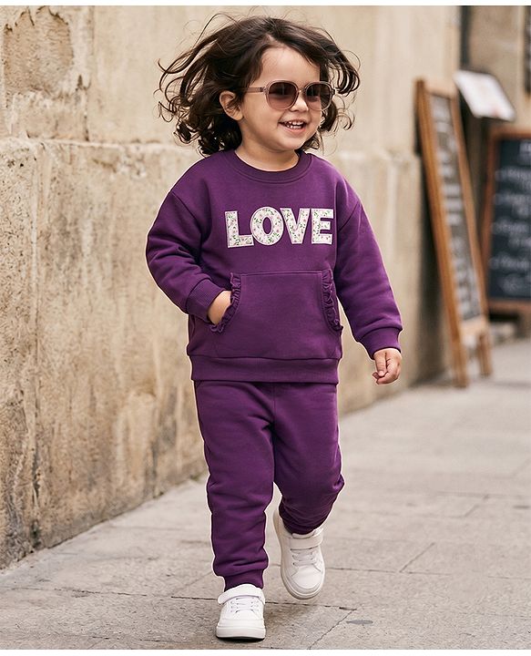 Babyhug 100% Cotton Terry Knit Full Sleeves Top & Joggers Set With Text Print - Purple