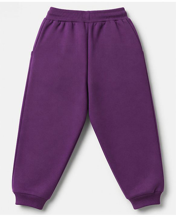 Babyhug 100% Cotton Terry Knit Full Sleeves Top & Joggers Set With Text Print - Purple
