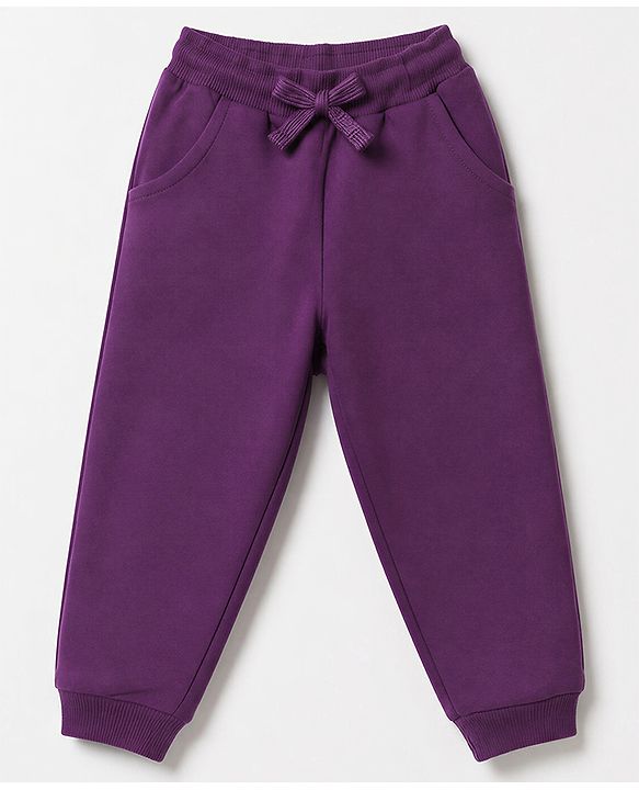 Babyhug 100% Cotton Terry Knit Full Sleeves Top & Joggers Set With Text Print - Purple