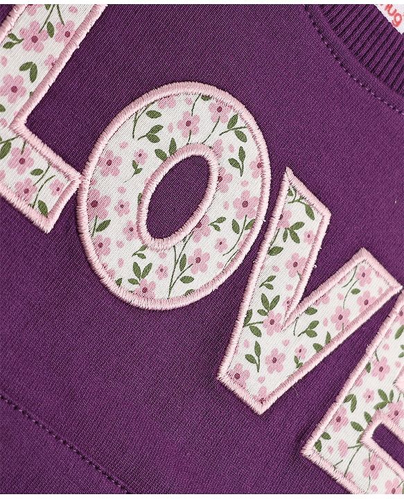 Babyhug 100% Cotton Terry Knit Full Sleeves Top & Joggers Set With Text Print - Purple