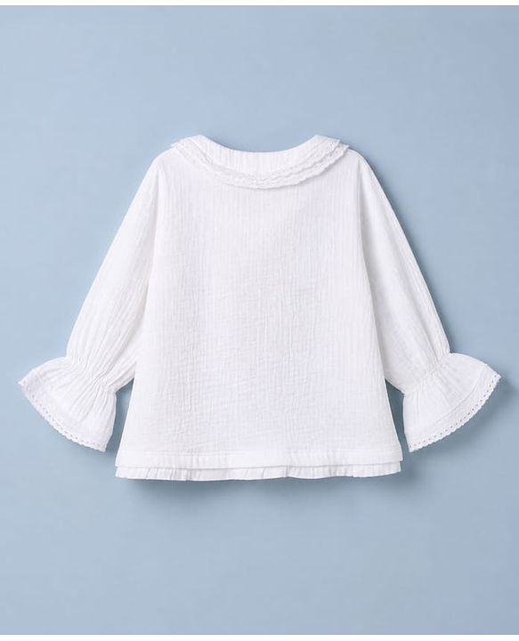 Babyhug 100% Cotton Terry Knit Full Sleeves Front Open Top and Pant with Floral Embroidery - White & Peach