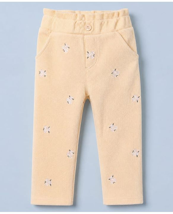 Babyhug 100% Cotton Terry Knit Full Sleeves Front Open Top and Pant with Floral Embroidery - White & Peach