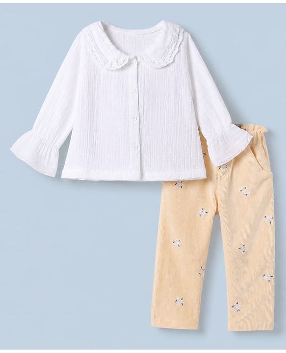 Babyhug 100% Cotton Terry Knit Full Sleeves Front Open Top and Pant with Floral Embroidery - White & Peach