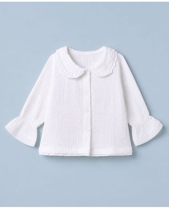 Babyhug 100% Cotton Terry Knit Full Sleeves Front Open Top and Pant with Floral Embroidery - White & Peach