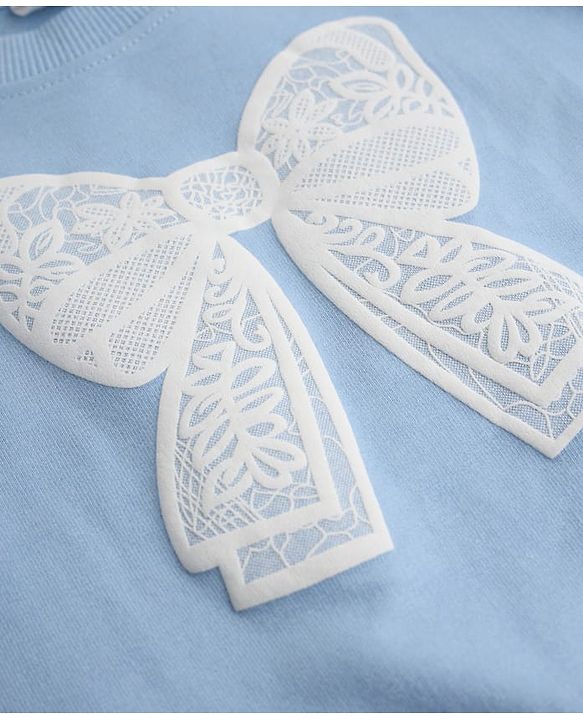 Babyhug 100% Cotton Terry Knit Full Sleeves Top and Jogger Set with Bow Patch in Blue