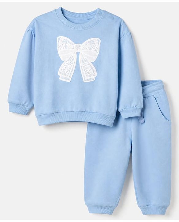 Babyhug 100% Cotton Terry Knit Full Sleeves Top and Jogger Set with Bow Patch in Blue