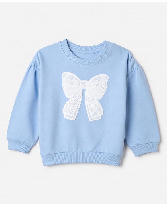 Babyhug 100% Cotton Terry Knit Full Sleeves Top and Jogger Set with Bow Patch in Blue