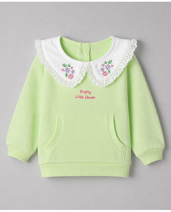 Babyhug 100% Cotton Terry Knit Full Sleeves Top & Pant Set With Floral Embroidery - Limegreen
