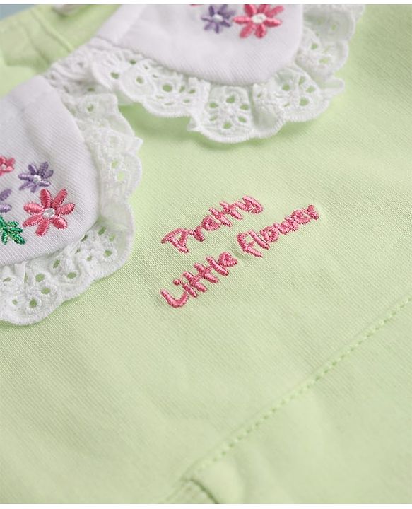 Babyhug 100% Cotton Terry Knit Full Sleeves Top & Pant Set With Floral Embroidery - Limegreen