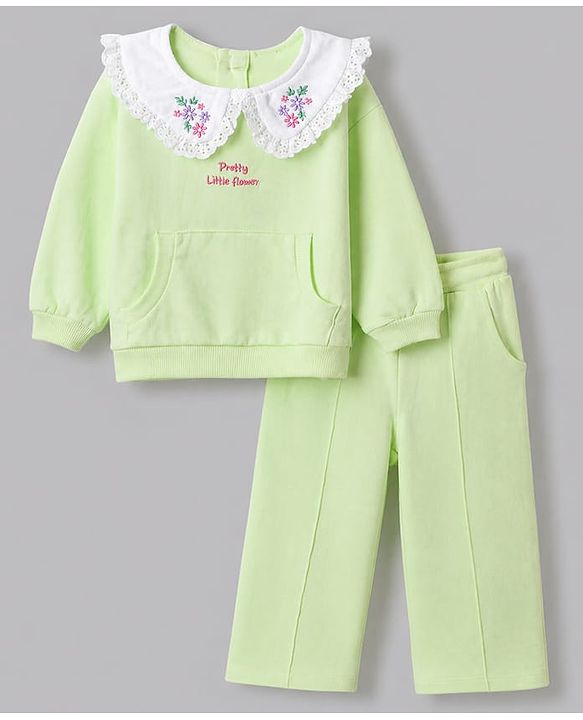 Babyhug 100% Cotton Terry Knit Full Sleeves Top & Pant Set With Floral Embroidery - Limegreen