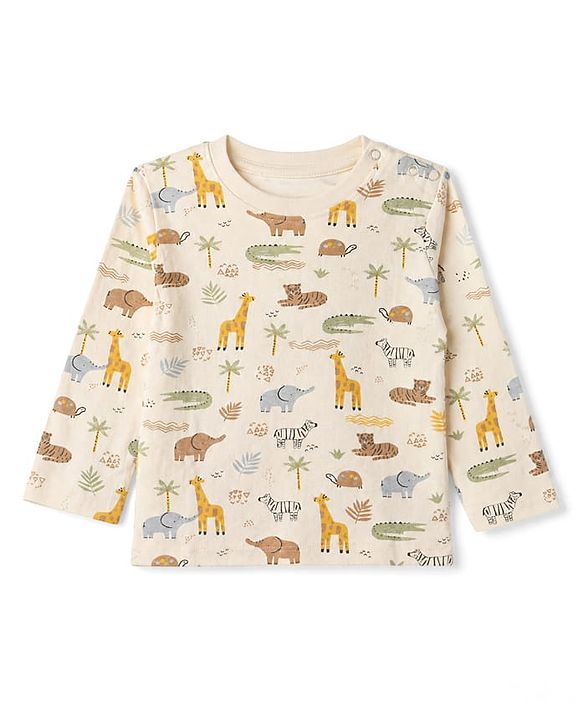 Babyhug 100% Cotton Interlock Knit T-Shirts with Full Sleeves and Giraffe Elephant & Jungle Safari Theme Print Pack of 3 - Light Blue Cream & Orange