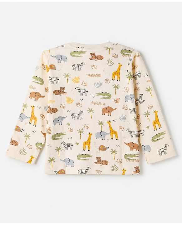Babyhug 100% Cotton Interlock Knit T-Shirts with Full Sleeves and Giraffe Elephant & Jungle Safari Theme Print Pack of 3 - Light Blue Cream & Orange