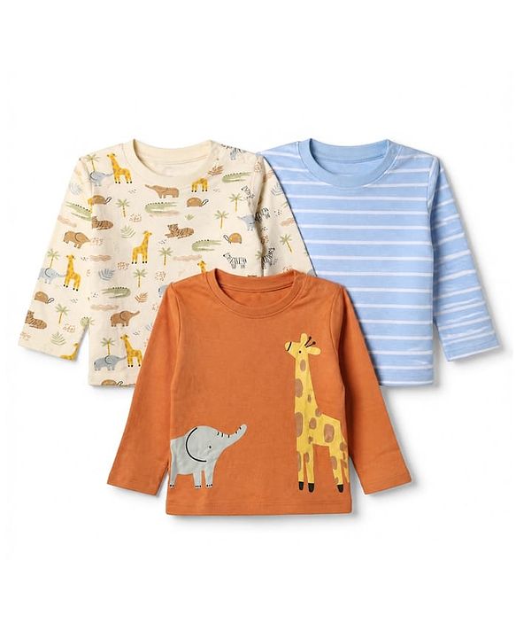 Babyhug 100% Cotton Interlock Knit T-Shirts with Full Sleeves and Giraffe Elephant & Jungle Safari Theme Print Pack of 3 - Light Blue Cream & Orange