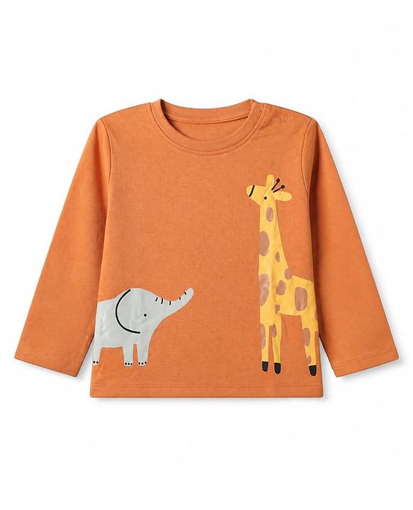 Babyhug 100% Cotton Interlock Knit T-Shirts with Full Sleeves and Giraffe Elephant & Jungle Safari Theme Print Pack of 3 - Light Blue Cream & Orange