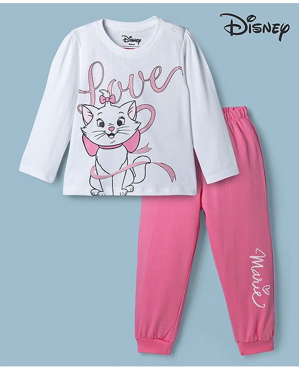 Babyhug Disney Single Jersey Knit Full Sleeves T-Shirt & Pyjama Night Suit with Marie Graphics - White