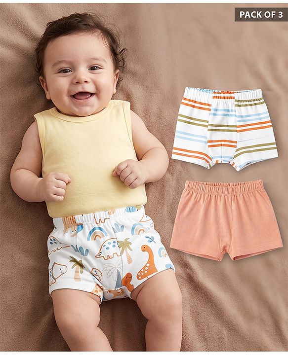 Babyhug 100% Cotton Single Jersey Knit Striped Trunk with Dinosaur Print Pack of 3 - White & Peach
