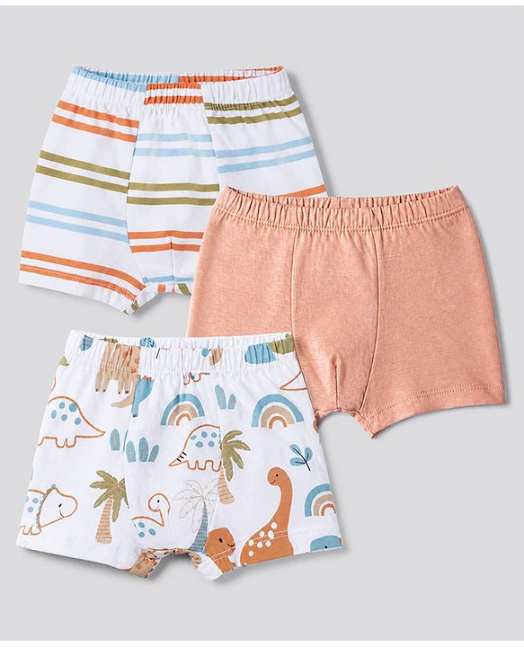 Babyhug 100% Cotton Single Jersey Knit Striped Trunk with Dinosaur Print Pack of 3 - White & Peach