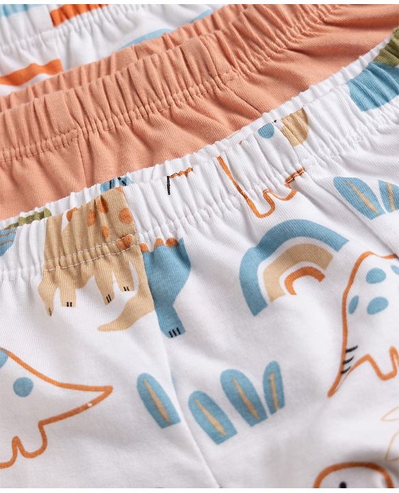 Babyhug 100% Cotton Single Jersey Knit Striped Trunk with Dinosaur Print Pack of 3 - White & Peach