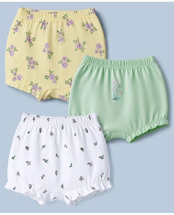 Babyhug 100% Cotton Single Jersey Bloomers With Floral Print Pack of 3 - Green White Yellow