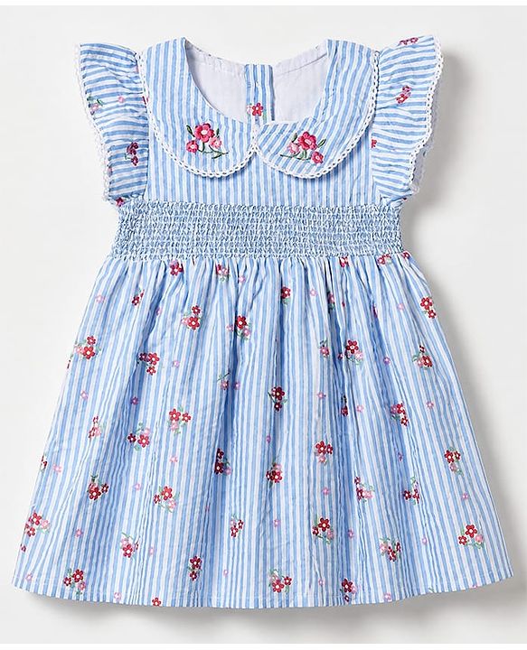 Babyhug Woven Half Sleeves One Piece Striped Dress With Floral Print - Blue