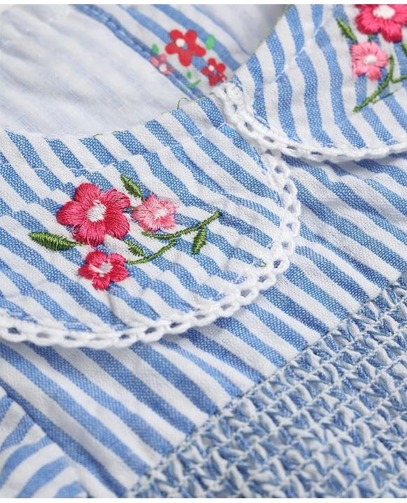 Babyhug Woven Half Sleeves One Piece Striped Dress With Floral Print - Blue