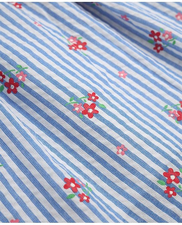 Babyhug Woven Half Sleeves One Piece Striped Dress With Floral Print - Blue