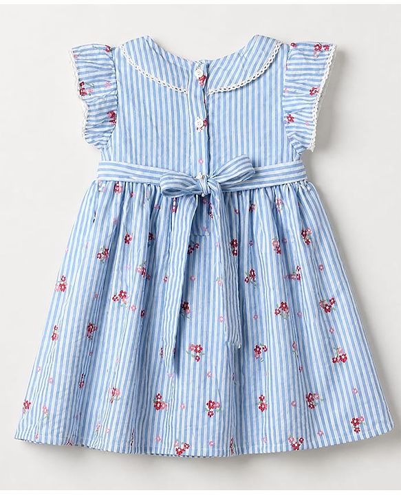 Babyhug Woven Half Sleeves One Piece Striped Dress With Floral Print - Blue