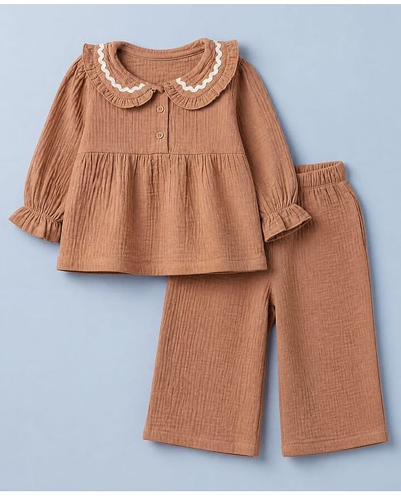 Babyhug 100% Cotton Terry Knit Full Sleeves Top and Pant Set - Brown