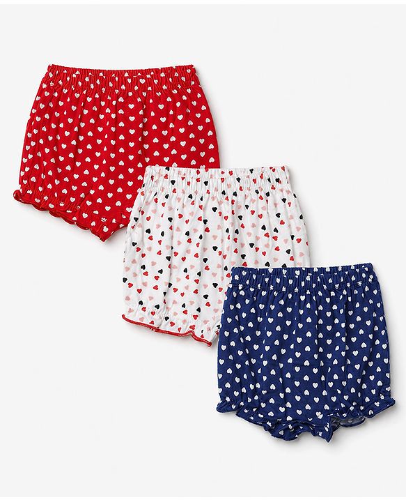 Babyhug 100% Cotton Single Jersey Knit Bloomers With Heart Print Pack of 3 - Navy Blue, Red & White