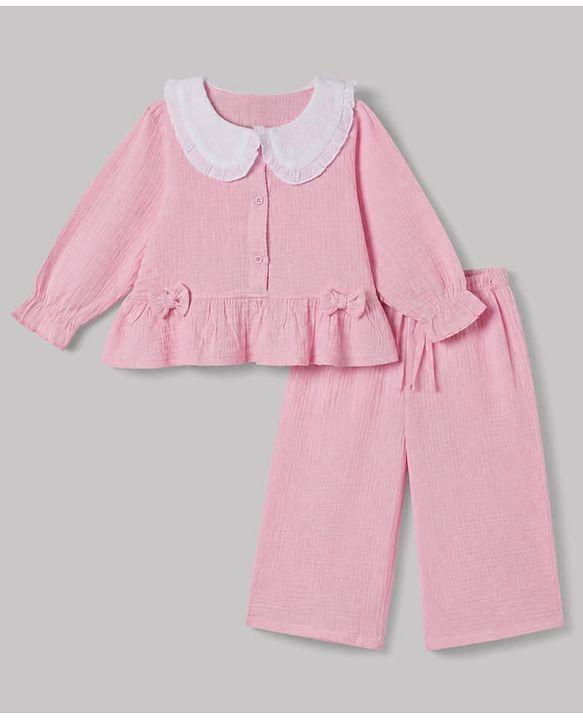 Babyhug 100% Cotton Terry Knit Full Sleeves Top and Palazzo with Bow Applique in Pink