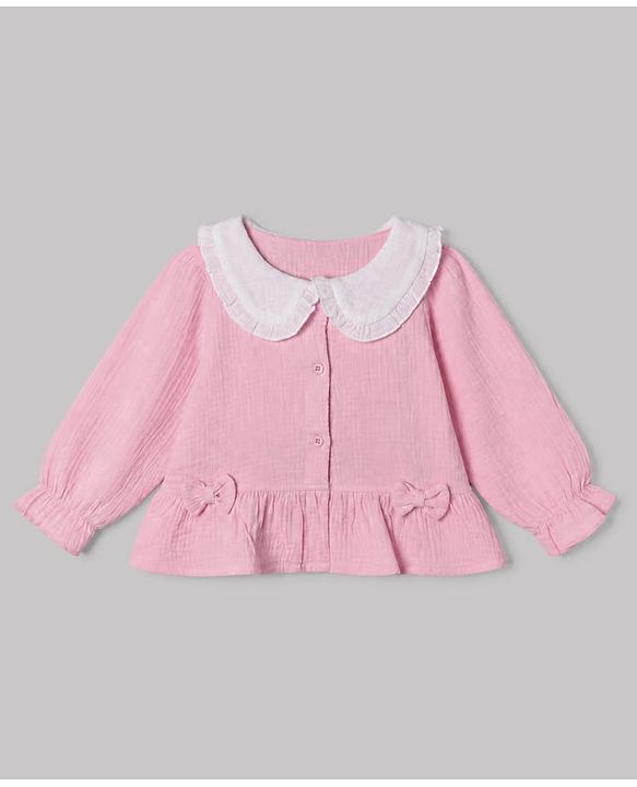 Babyhug 100% Cotton Terry Knit Full Sleeves Top and Palazzo with Bow Applique in Pink