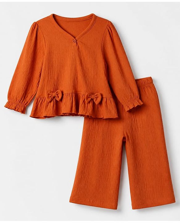 Babyhug 100% Cotton Terry Knit Full Sleeves Top and Pant Set with Full Length and Bow Applique in Brown