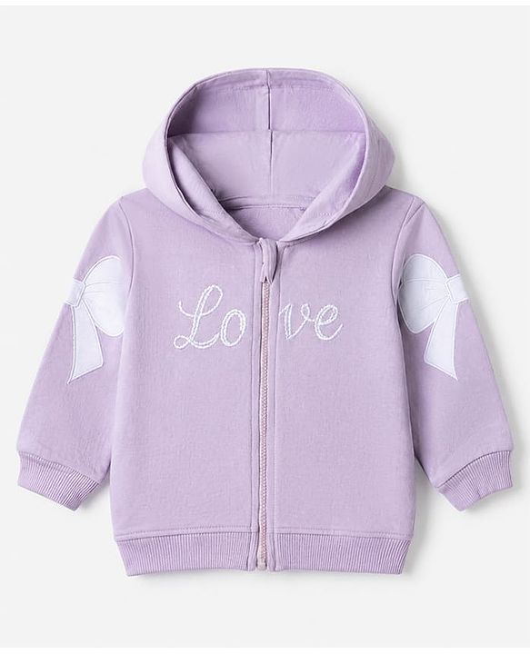 Babyhug 100% Cotton Terry Knit Full Sleeves Hooded Top & Pant Set With Text Print & Bow Applique - Lavender