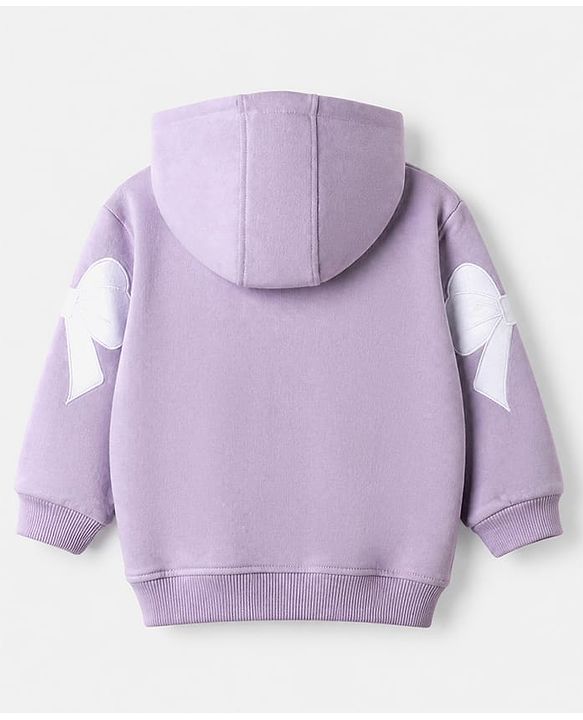 Babyhug 100% Cotton Terry Knit Full Sleeves Hooded Top & Pant Set With Text Print & Bow Applique - Lavender