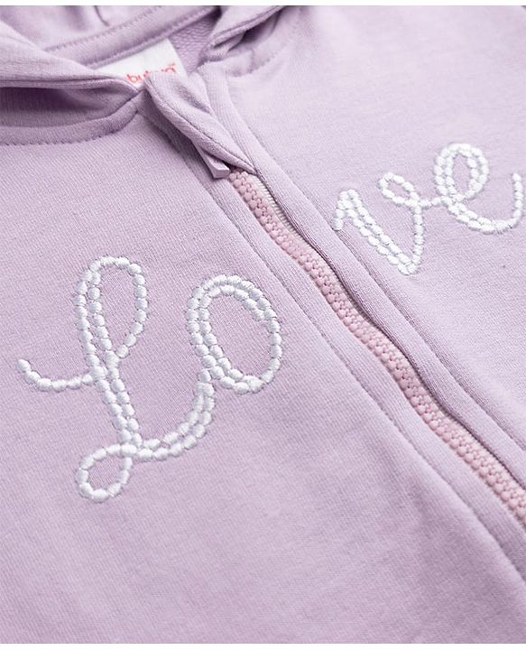 Babyhug 100% Cotton Terry Knit Full Sleeves Hooded Top & Pant Set With Text Print & Bow Applique - Lavender
