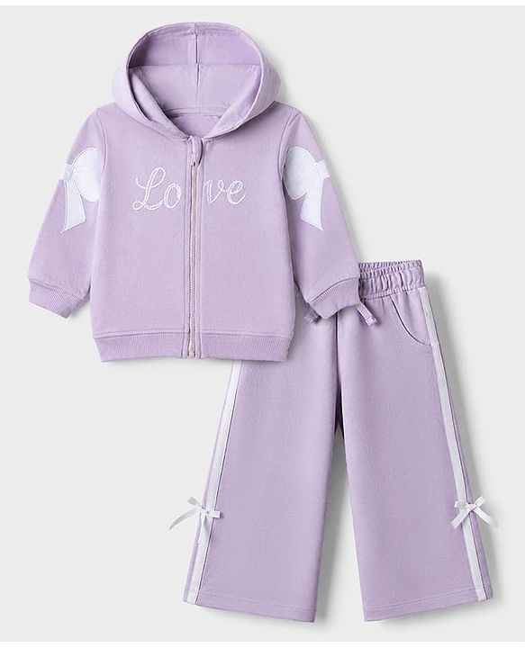 Babyhug 100% Cotton Terry Knit Full Sleeves Hooded Top & Pant Set With Text Print & Bow Applique - Lavender