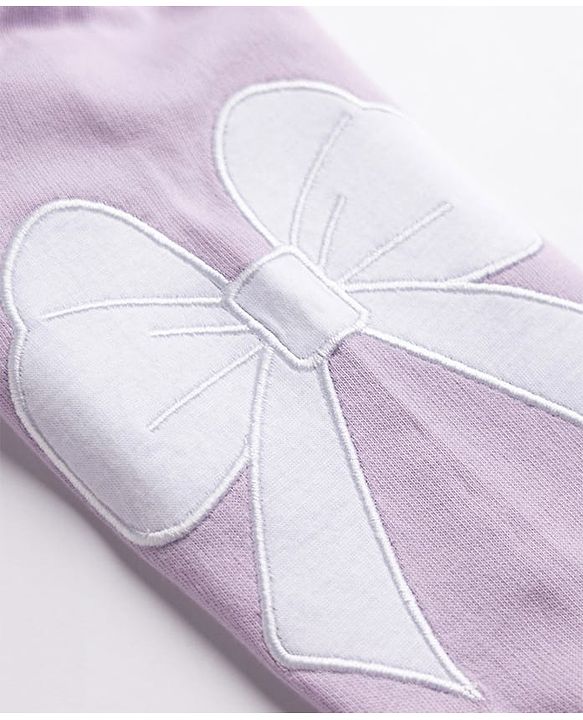 Babyhug 100% Cotton Terry Knit Full Sleeves Hooded Top & Pant Set With Text Print & Bow Applique - Lavender