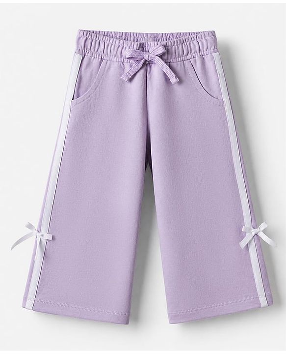 Babyhug 100% Cotton Terry Knit Full Sleeves Hooded Top & Pant Set With Text Print & Bow Applique - Lavender