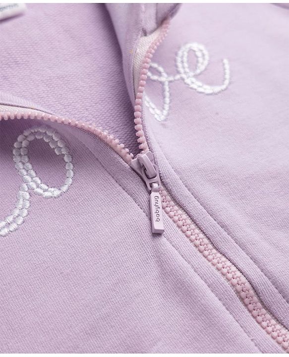 Babyhug 100% Cotton Terry Knit Full Sleeves Hooded Top & Pant Set With Text Print & Bow Applique - Lavender