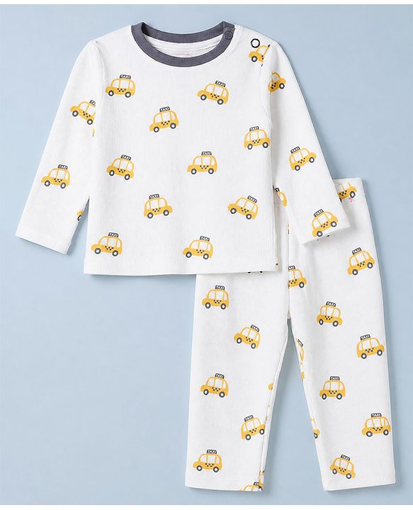 Babyhug Cotton Knit Rib Fabric Full Sleeves Co-ord T-Shirt & Pajama Night Suit with Vehicle Print - Yellow
